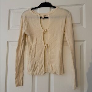 Cream Ribbed Tie-Front Cardigan